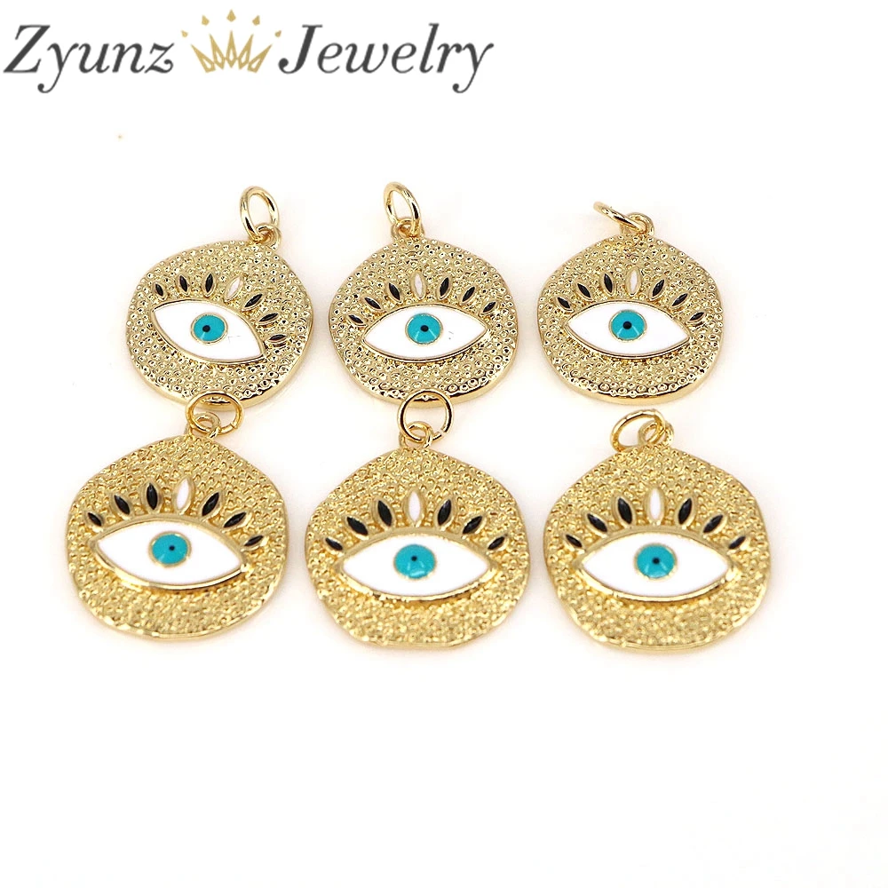 10PCS, 17mm/ 19mm Gold Round Eye Pendant Charms Blue Enamel Eye Charms Good Luck Protective Amulet Talisman Jewelry