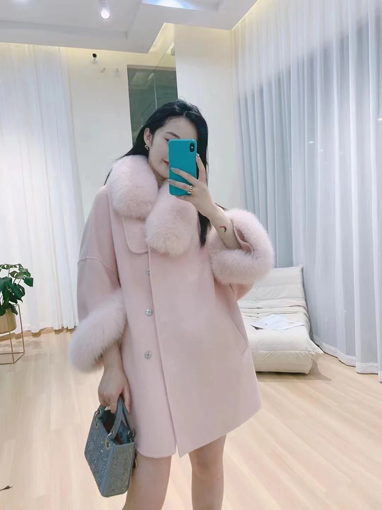 Women Autumn Double Side Woolen Fox Fur Collar and Cuff Decoration Woolen Oversize Loose Girl\'s Woolen Coat
