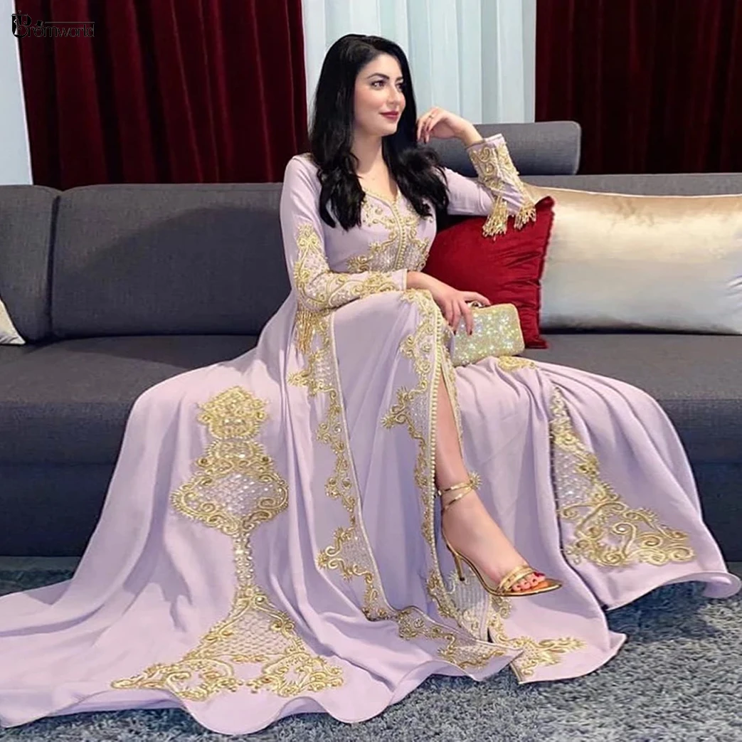 Vestidos De Noite Muçulmanos Frisados De Renda A-Line, Dubai Caftan, Vestido De Baile De Manga Longa, Luxuoso Dubai