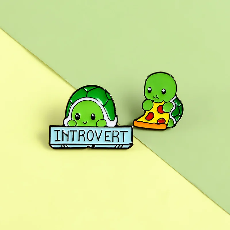 Cartoon Tortoise Enamel Pins Custom Introvert Brooches Cute Pizza Animal Button Badge Turtle Jewelry Gift For Kids Friends