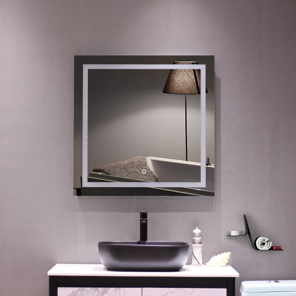 Bathroom Mirror with Led Light Glass Mirror Square Built-in Light Strip Touch LED Anti-fog Easy to install 32*32