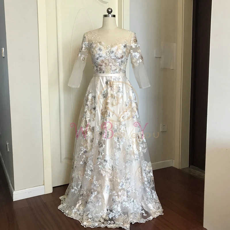 Robe de Bal à Fleurs en Dentelle à Côté de Vous, Manches 3/4, Coupe Trapèze, Champagne, Ceinture, Taille Compensée, Longue, Tenue de Soirée