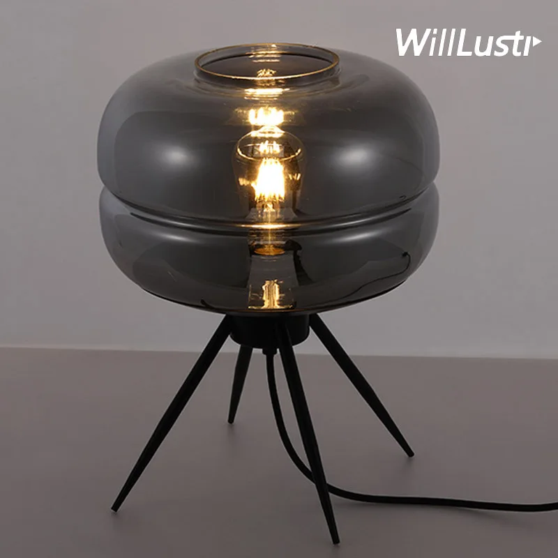 

Modern UFO Glass Table Light Luxury Creative Iron Desk Lamp Hotel Living Room Bedside Study Amber Smoke Blue Art Deco Lighting