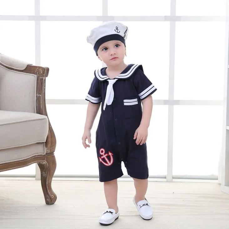 Baby Boy Navy Style Jumpsuits/Boy Dark Blue Romper with Cap 3342