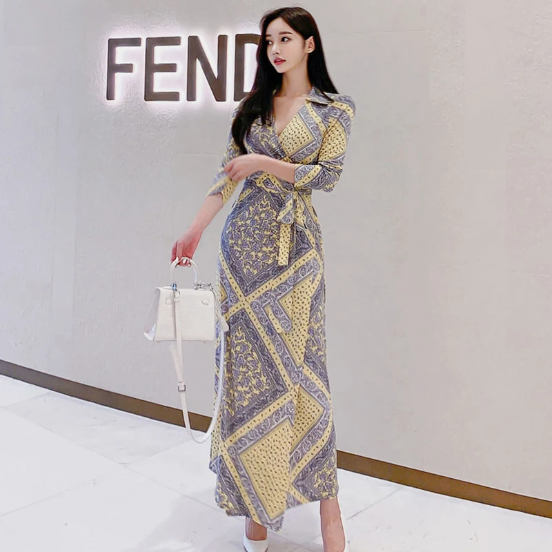 Fashion Elegant Women Maxi Dress Vintage Casual Sexy V-Neck Print Wrap Party Beach Slim Sundress Lady Robe Femme Mujer Vestidos