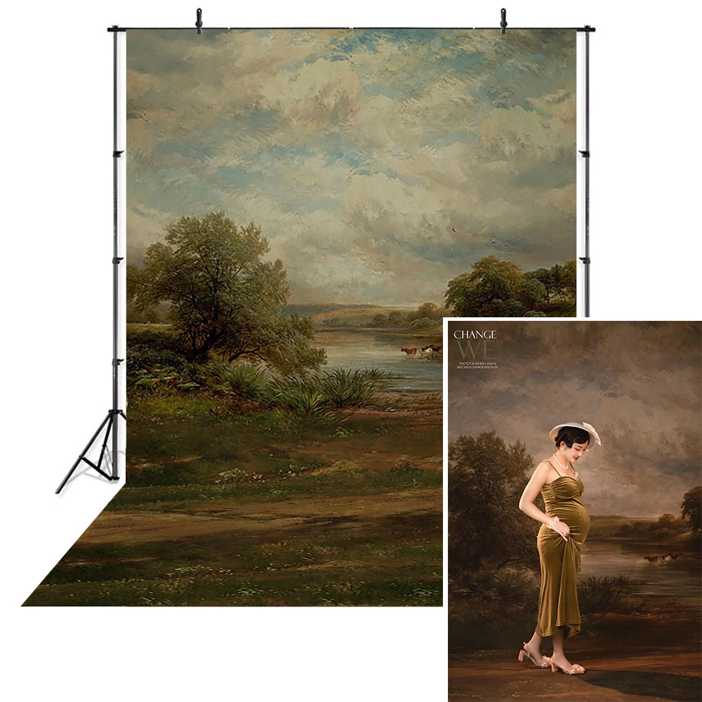 Fondo de fotografía de escena Rural, río, vaca, barco, oveja, retrato de niños y adultos, pintura al óleo antigua, gotas, fondo profesional para estudio