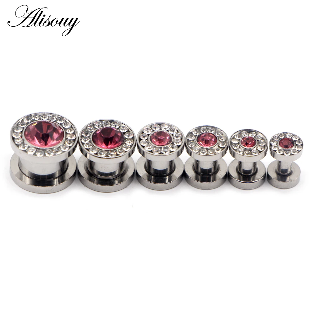 Alisouy 2pcs 3mm-14mm Pink Crystal Zircon Screw Ear Gauges Plug Tunnel Expander Stretcher Steel Earring Piercing Body Jewelry