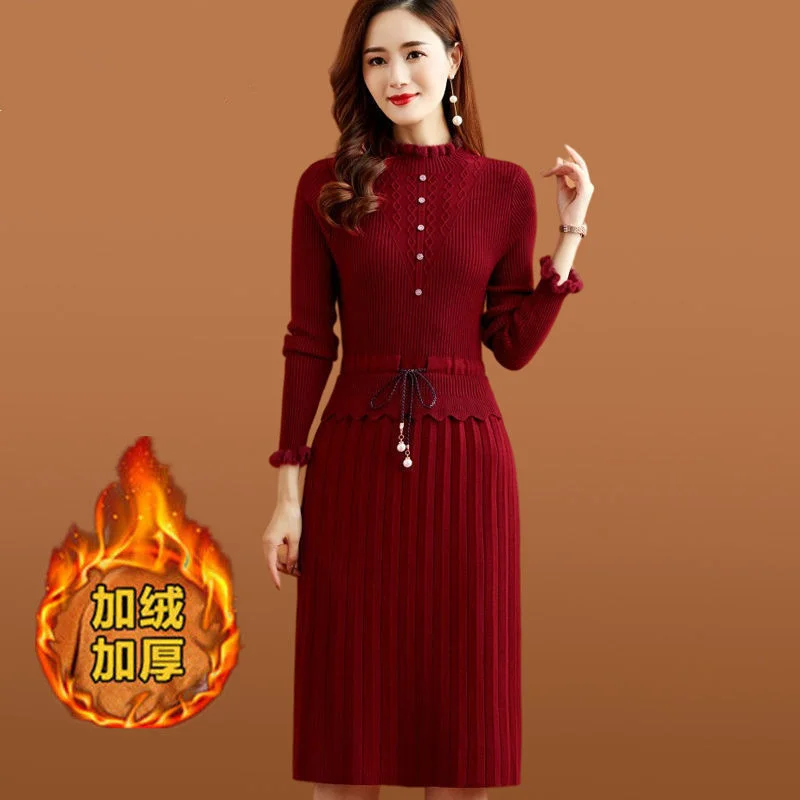 Women Fake Two-piece Dress 2021Autumn Winter Female New Thick Mid-length Section Waist Round Neck Sweater Skirt Plus Velvet A776