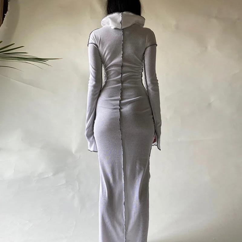 2023 Long Sleeve Hooded Patchwork Skinny Maxi Dress