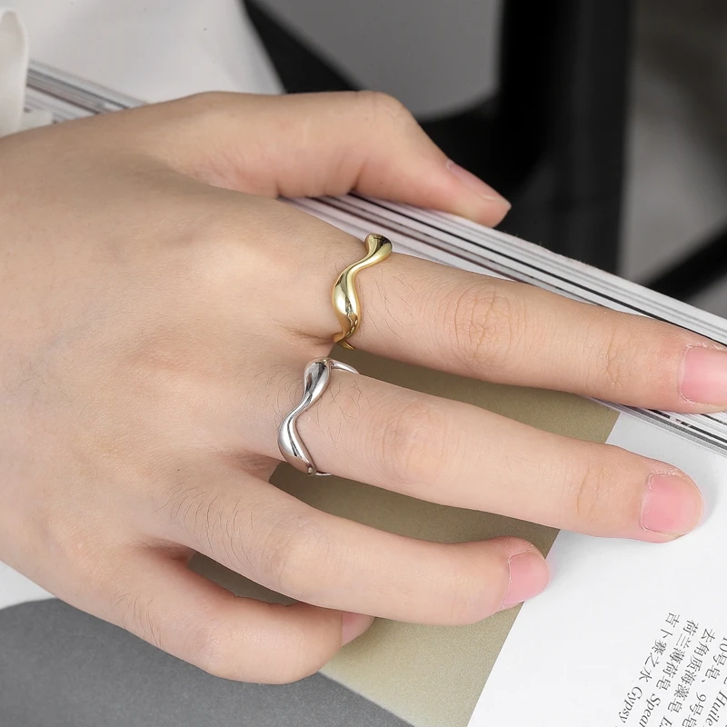 Trendy Silver Color Smooth Irregular Waves Gold Color Ring Geometric Open Finger Ring For Minimalist Accessories Gift S-R721 image 3