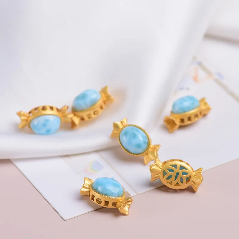 ZHEN-D Jewelry Natural High Quality Larimar Silver Gilded Gold Candy Shape Mini Connector Spacer Bead DIY Pendant Necklace Gift