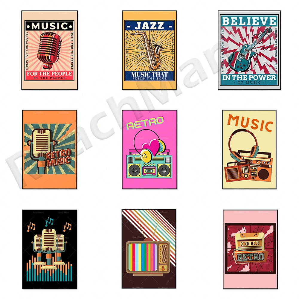 

Retro music wall art, microphone music prints, cassette retro music posters, retro TV, printable music wall art prints, gifts fo