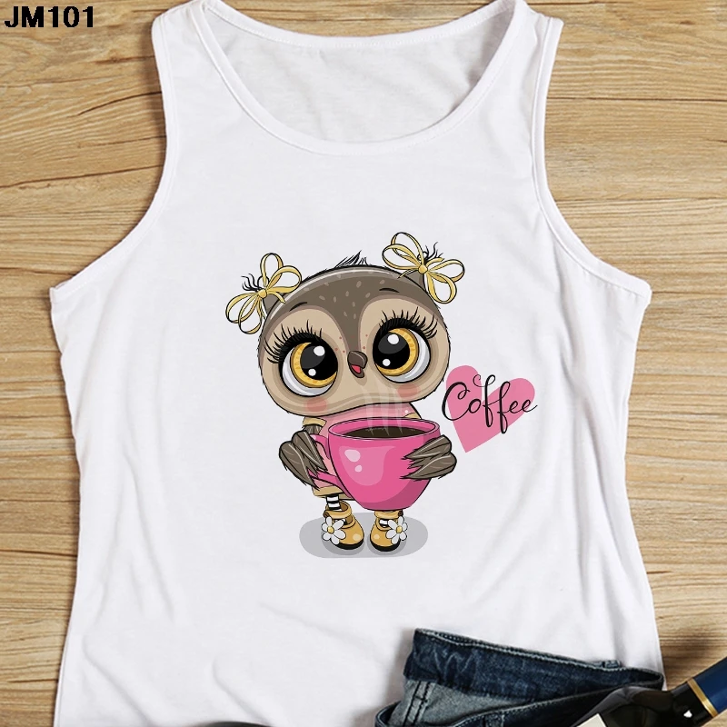 2021 Summer Top Women Sleeveless Tank Top White Round Neck Woman Regular Fit Wear Harajuku Cute Owl Printed T-shirt Camisole Tee