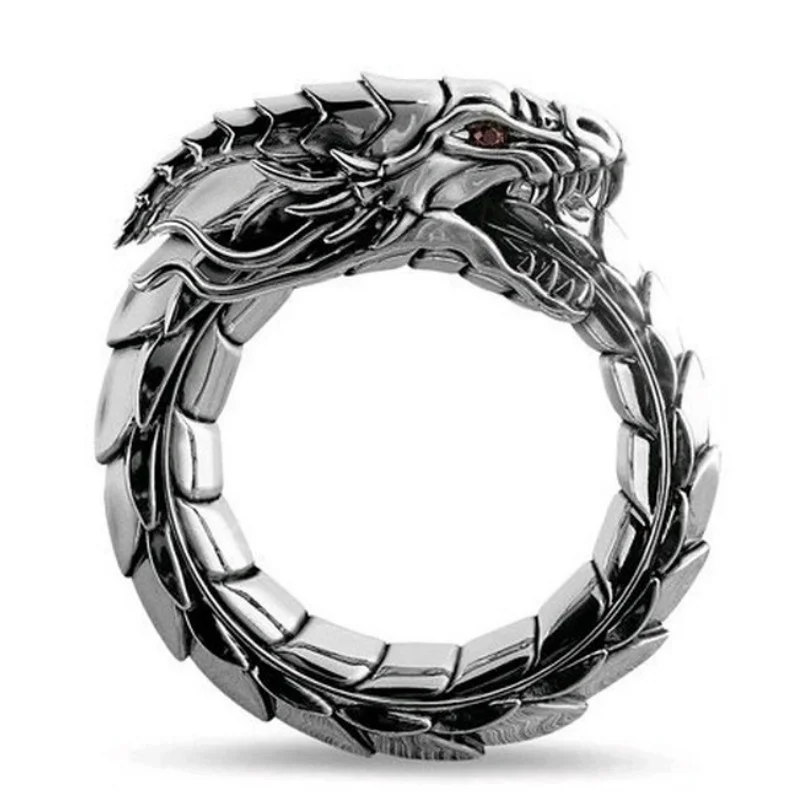 Personality Norway Myth Dragon Ring Motorcycle Party Men Silver Color Ring Steampunk Red Crystal Eye Biker Ring Hip Hop Jewelry