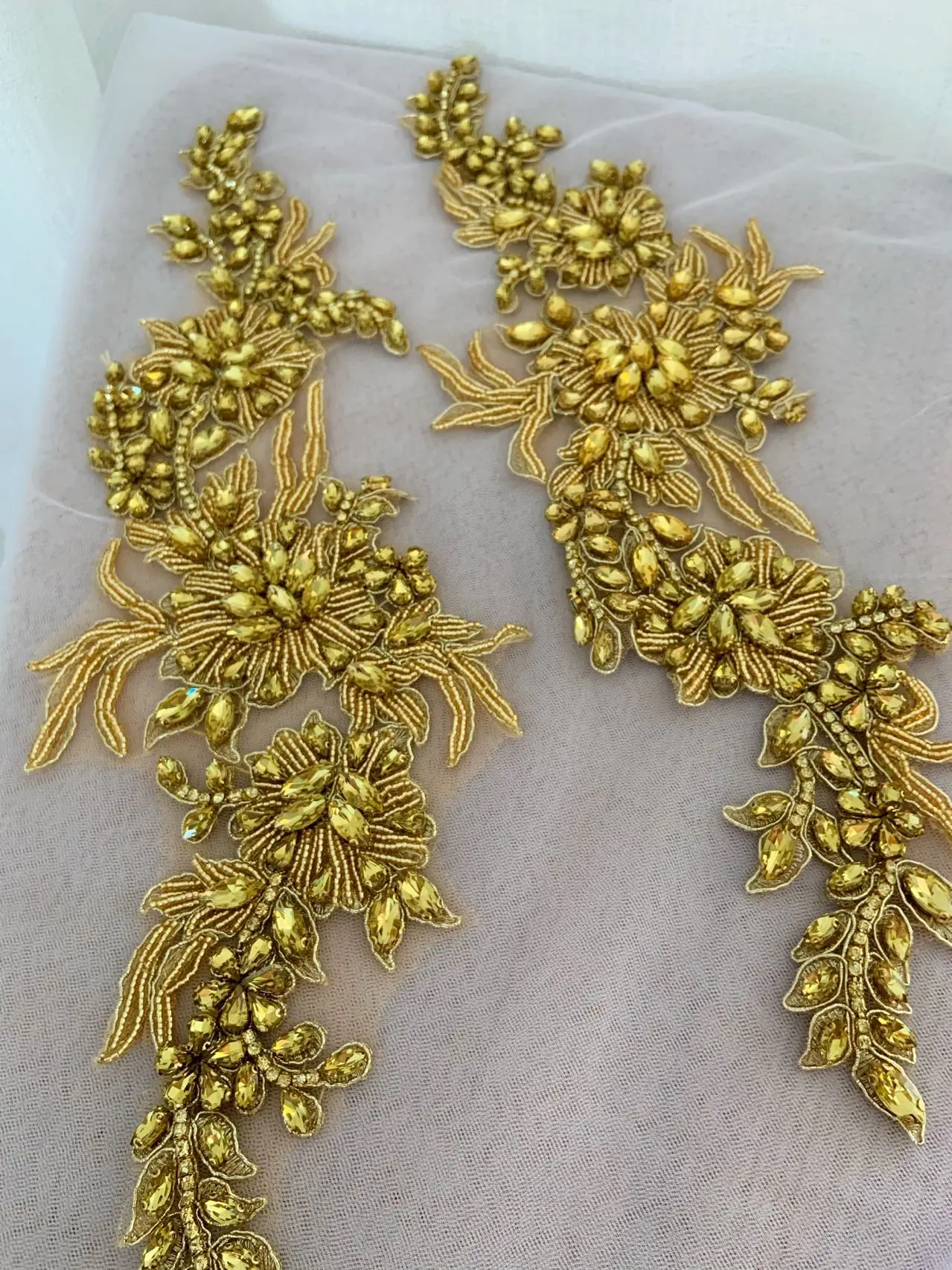 Gold Diamond Beads Patch Rhinestone Crystal Applique for Couture,Clothing Sewing,Bridal Supplies,Ball Gown Accessories