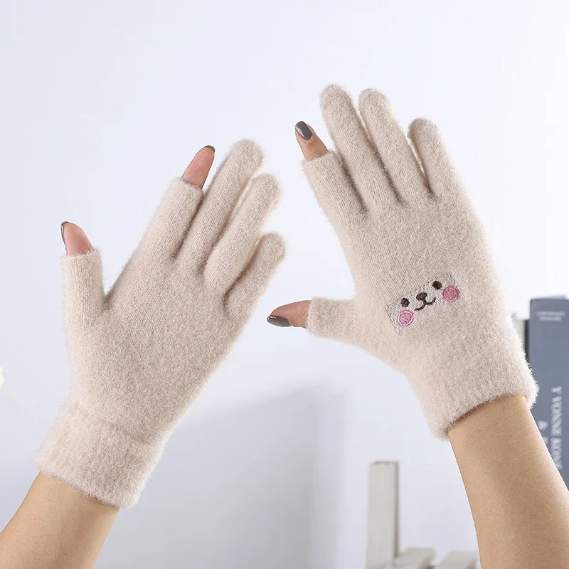 New Arrival Warm Female Winter Adult Smiling Face Fashion Plus Velvet Padded Gloves Cashmere Leaky Two-finger Gloves