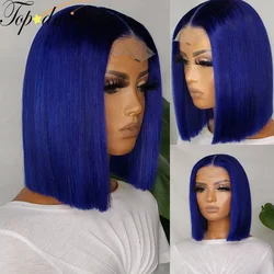 TOPODMIDO-Peluca de cabello humano peruano Remy para mujer, postizo de encaje frontal, corte Bob, Color azul, 13x4