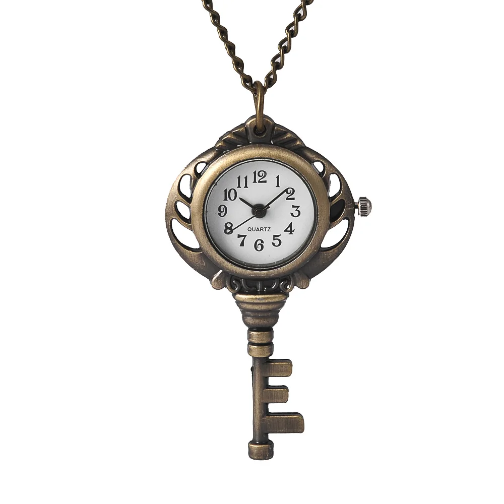 7053New Ketting Horloge Brons Crown Key Persoonlijkheid Opknoping Chain Quartz Zakhorloge Mode Trend