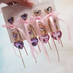 MWSONYA Korean Luxurious Crystal Love Heart Drop Earrings for Women Fashion Chain Rhinestone Tassel Pendientes Silk Bowknot Gift