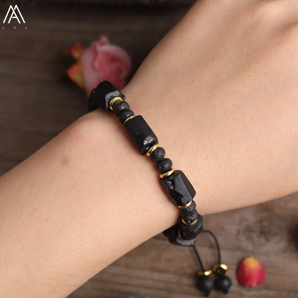 Natürliche schwarze Turmalin-Stein-Nugget-Perlen, schwarze Lava-Rondelle-Perlen, Kordel, geknotet, verstellbares Armband für Damen, Boho-Seil-Armband – Detail 1