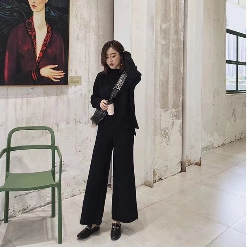 Women's Knitted Suit Two Piece Set Winter Outfit Solid Pullover Sweater Wide Leg Pants Fashion Casual Female Clothing