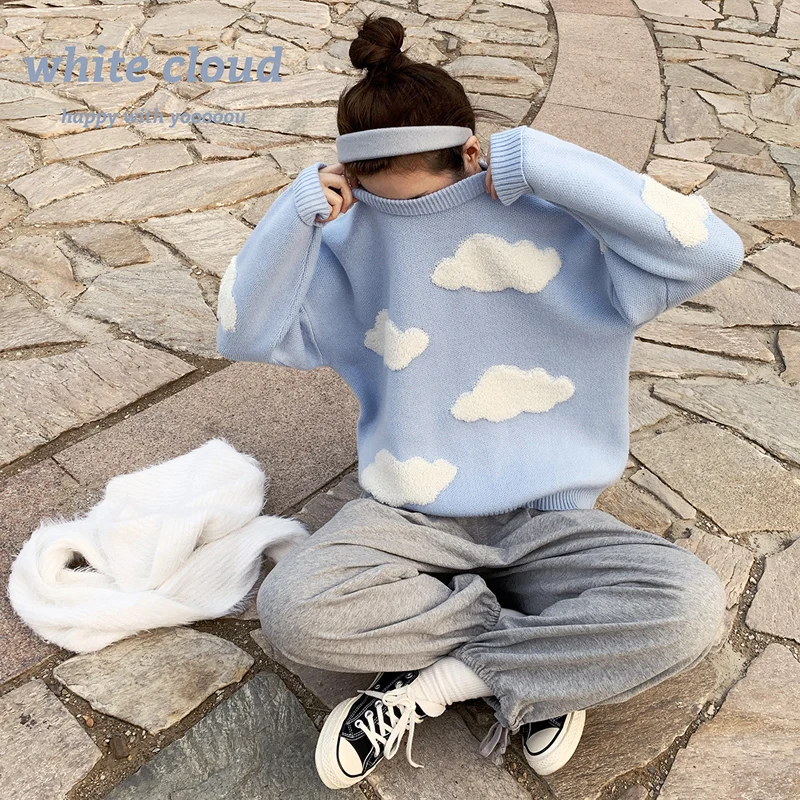 Kawaii Cloud Sky Blue Knitted Sweater Women Cute Soft Knitwear Girls Vintage Jumper Korean Fashion Ulzzang Long Sleeve Pullovers