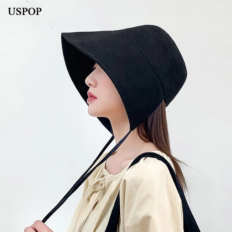 USPOP 2022 Spring New Fashion Women Bucket Hats Vintage Lace-up Bucket hat Solid Color 100% Cotton Summer Hats