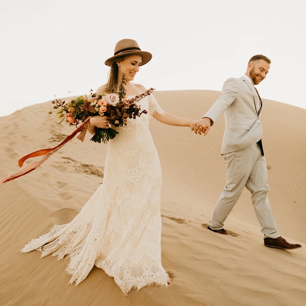 Hors Épaule Dentelle Destination Balnéaire Rustique Robe De Mariée Longueur De Plancher Fait Sur Commande 2021 Fermeture À Glissière Princesse Robes De Mariée Grande Taille