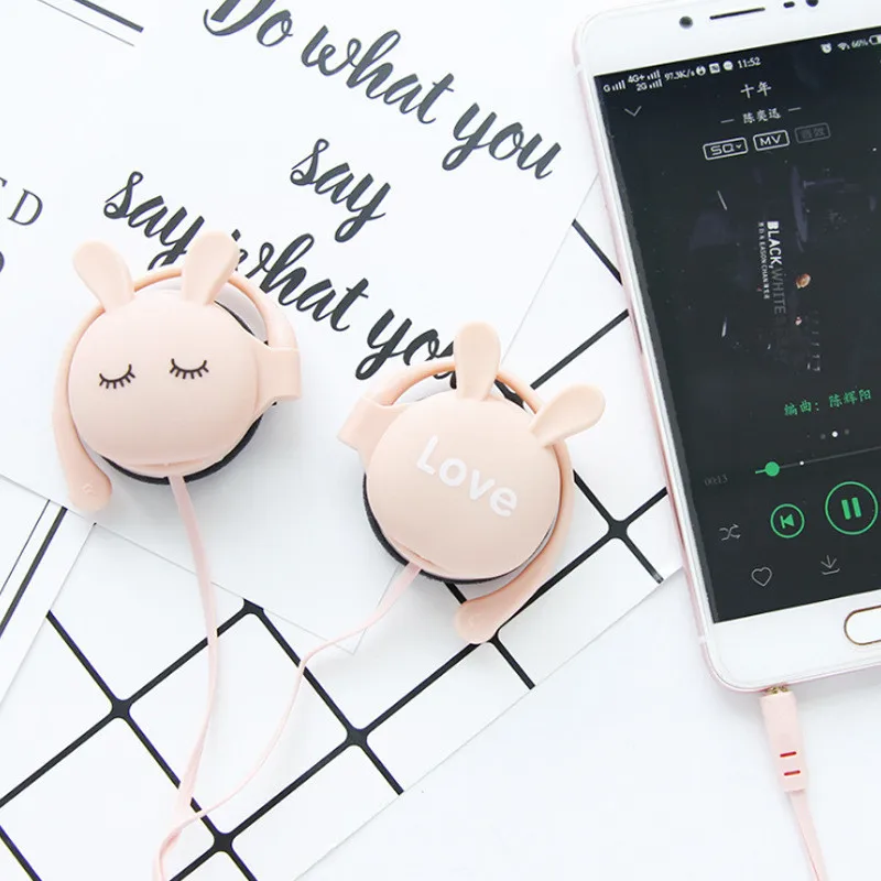 QearFun Cute Rabbit Wired earphone With Ear-hook Sports Headset For Girls Kids Gift With Built-in Microphone Helmets Headphone