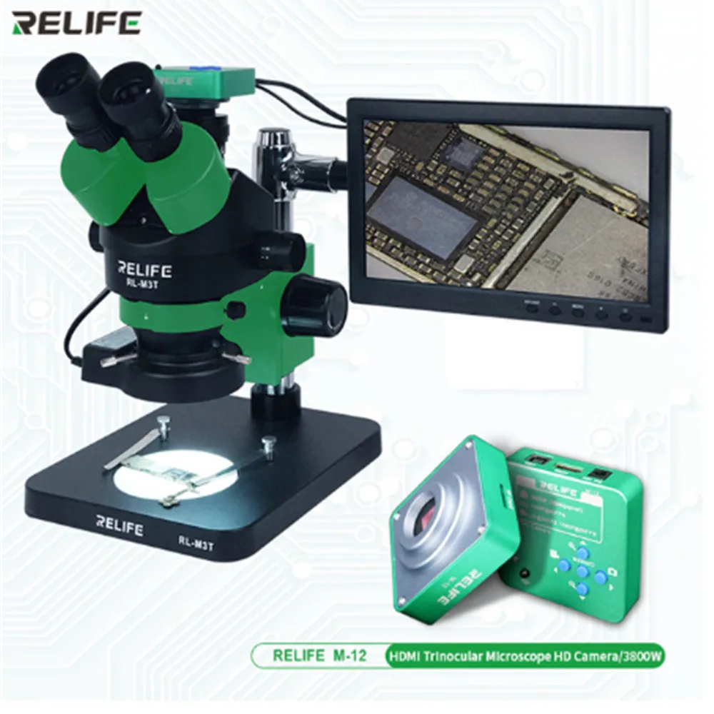 RELIFE RL-M3T-B1 Trinocular Microscope With 10.1 Screen 0.7-4.5X Continuous Zoom For Mobile Phone PCB Repair Electronic Device