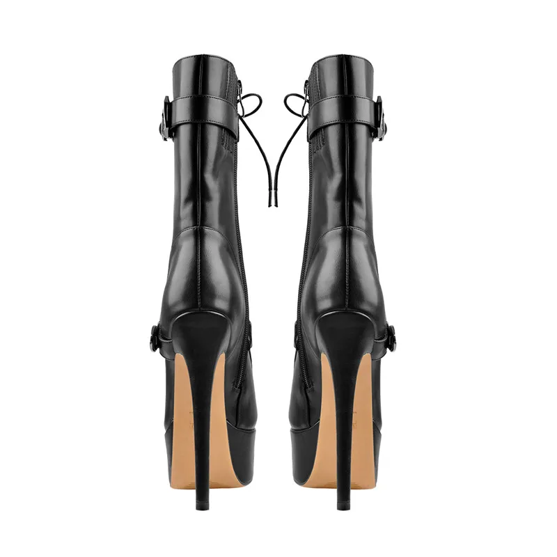 Onlymaker Women Platform Ankle Booties Black 16CM High Thin Heel Fashion Heeled Metal Plates Buckle Stilettos Boots