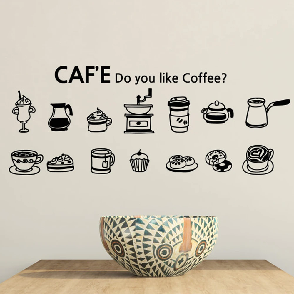 New Arrival Cafe Vinyl Wall Decal Coffee Cake Cup Coffee Sign Mural Art Wall Sticker Coffee Shop Bar Glass Decor