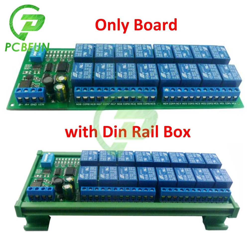 For Modbus RTU DC 12V 10A 16 Channel CH DIN Rail RS485 Relay Module Board with DIN Rail Box for PLC PTZ Camera Motor LED UM72