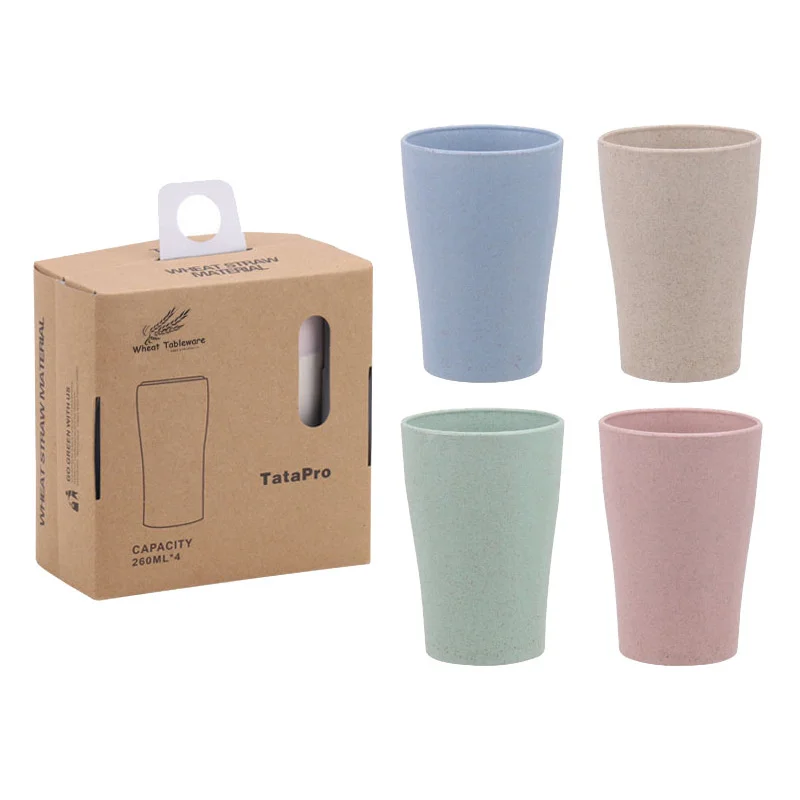 Taza de agua de paja de trigo para niños, set de 4 vasos multifuncionales de plástico biodegradables para lavado bucal, cepillo de dientes, reutilizable