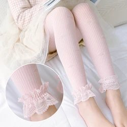 Summer velvet thin vertical striped butterfly lace leggings children's outer wear western-style girls nine-point princess socks