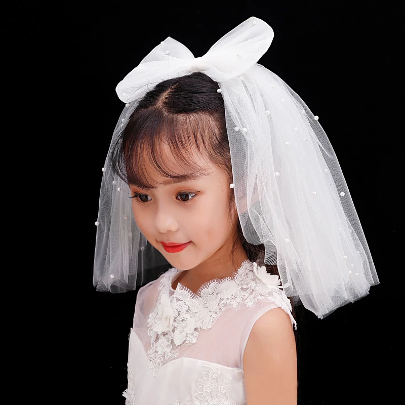 Véu infantil com múltiplas camadas, engraçado, bonito, de pérola, laço, tiara, casamento, flor, menina