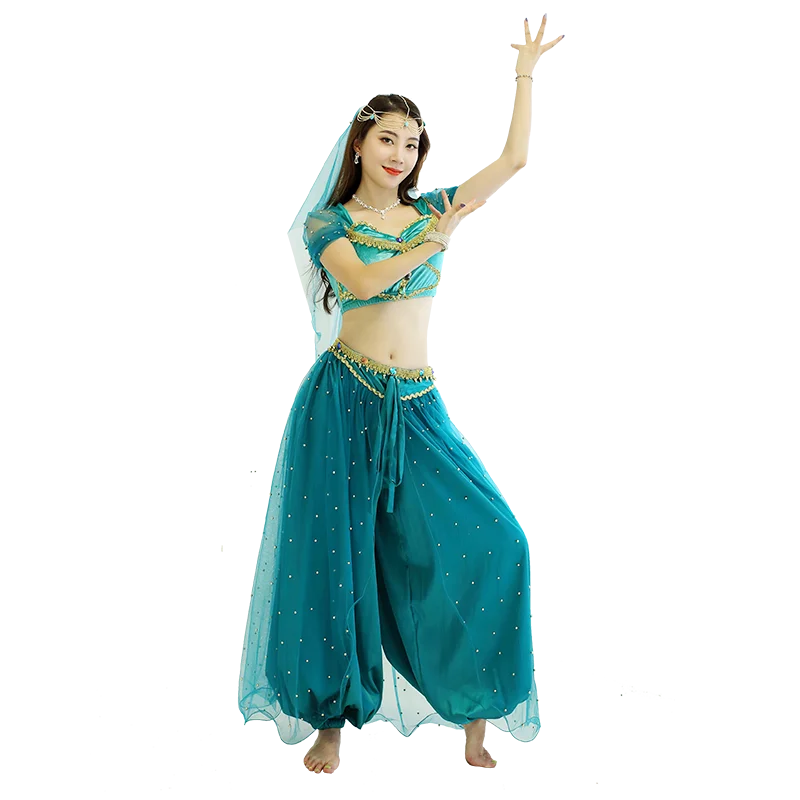 New Exotic Dance Sexy Adult Female Jasmine Princess Stage Dress Veil Top Pants Belly Dance Bollywood Belly Clothing