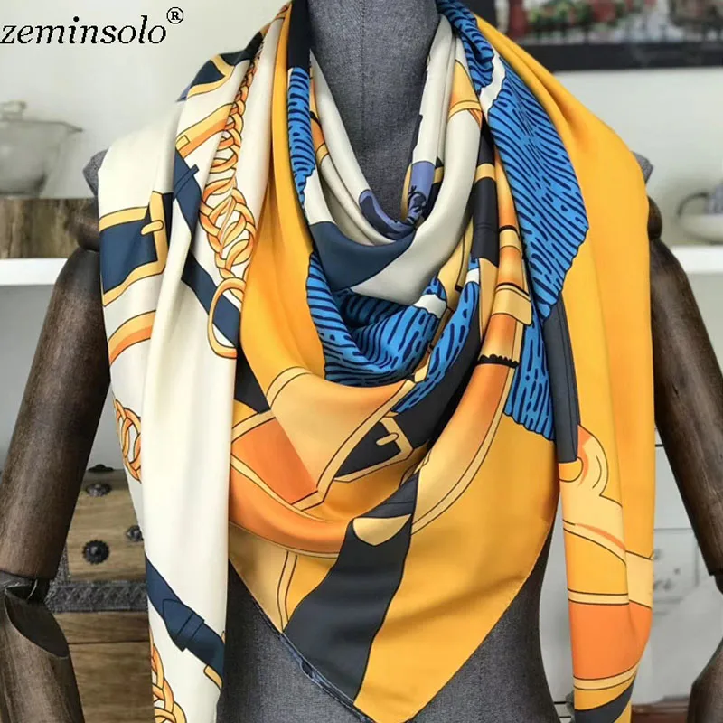 Women Silk Scarf Chain Print Square Head Scarves Wraps Luxury Brand Quality Female Foulard Satin Scarves Shawls Hijab 130*130cm