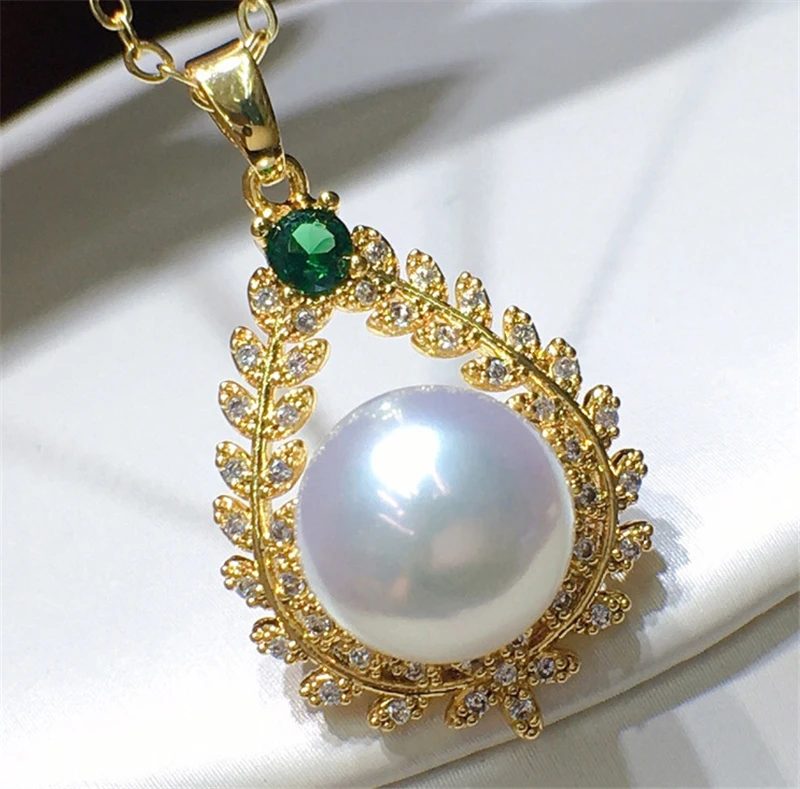 

HABITOO Luxury Natural 10-11mm White Round Cultured Pearl Green Ruby Cubic Zircon Pendant Chain Necklace Adjustable Ring Set