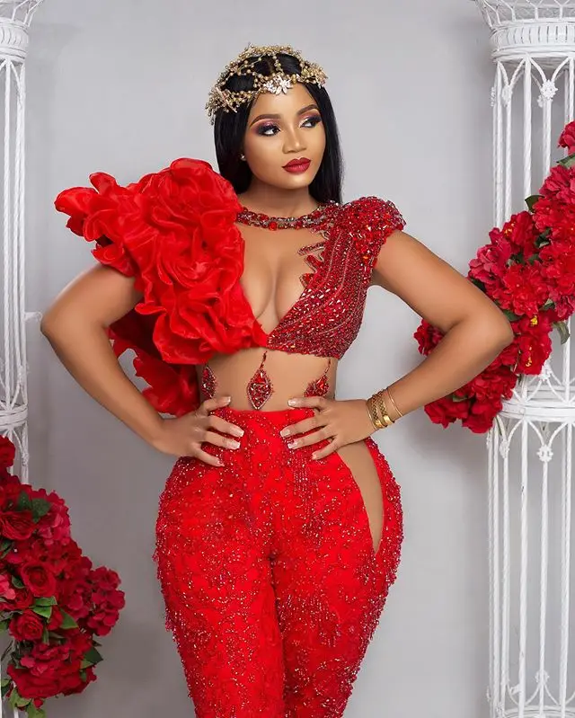 Aso Ebi Jumpsuit with Wrap Red Prom Dresses Crystals Pant Suit Ruffle Party Second Reception Gowns Plus Size Evening Dress