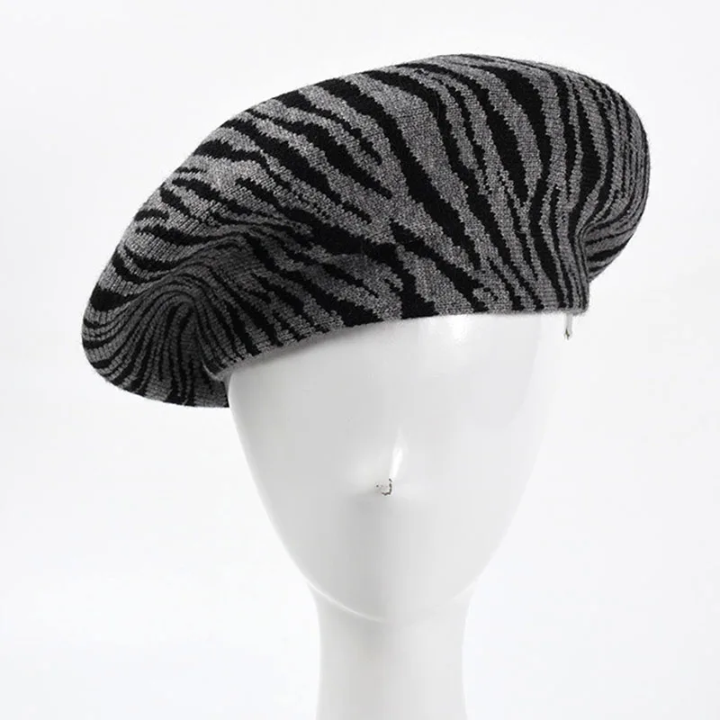 

2021 New Zebra Pattern Women's Berets Autumn Winter Knitting Hat Cap Elegant Female Beret Sweet Niche French Painter Hat Cap