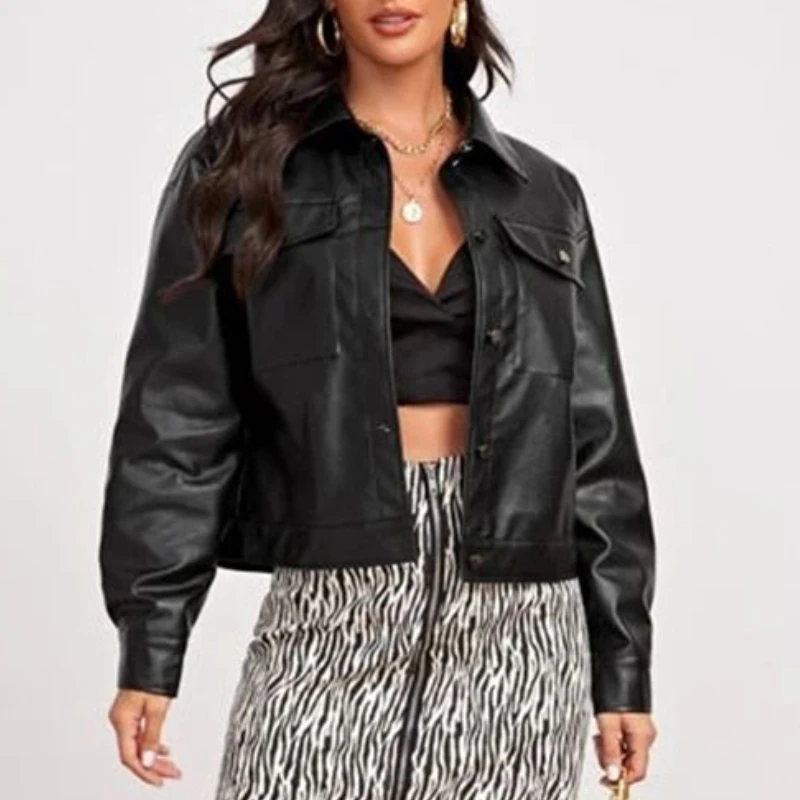 Street Style Fashion odzież motocyklowa skórzana kurtka 2023 jesień produkt kurtka kobiety luźny, z klapami kurtka ze skóry sztucznej fala