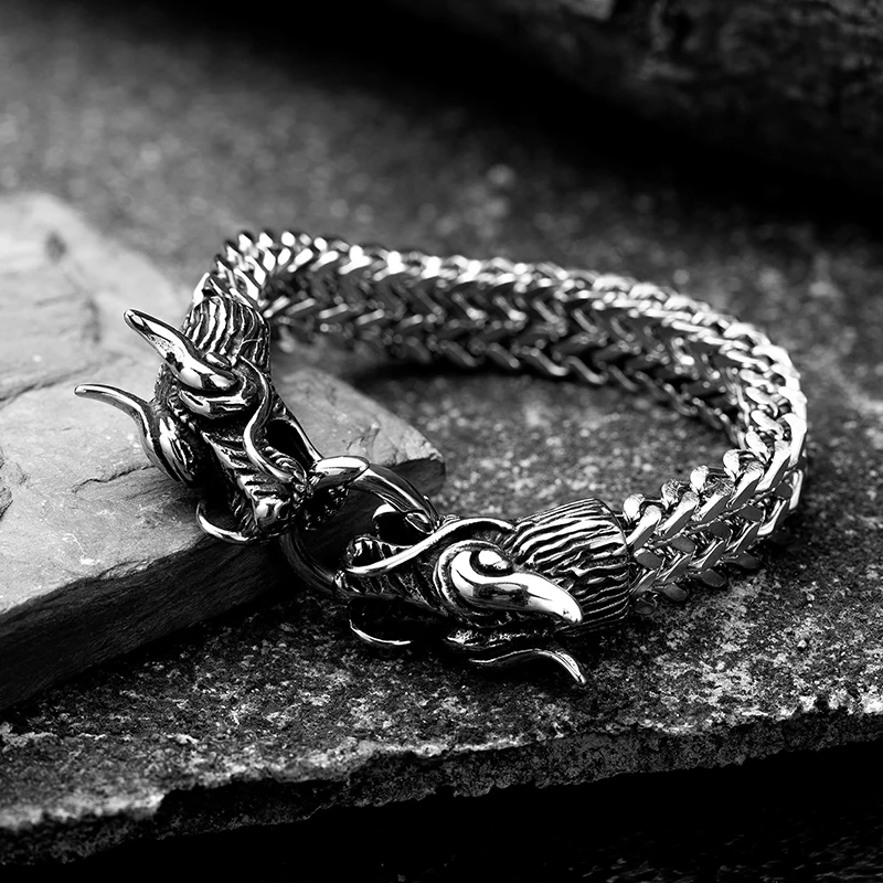 Trend Gothic Punk Dragon Heads Men‘s Bracelets Stainless Steel Link Chain Bracelet Rock Metal Boy Naga Dragon Head Bracelet Hot