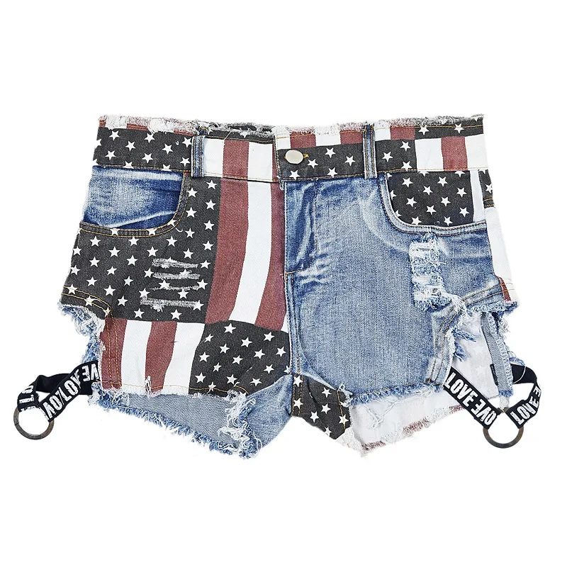 Womens Sexy American Flag Print Mini Short Jeans Booty Shorts Hollow Out With Holes High Waist Casual Club Party Bottom