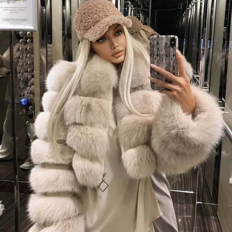 

Faux Mink Fur Strip Sewed Coat Turn Down Collar Faux Fur Jacket Imitation Fox Hair Long Sleeve Stitching Female Cardigan Tops