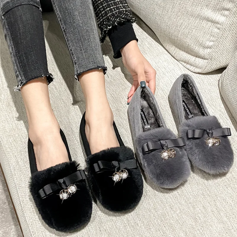 Luxury Crystal bow-knot fur shoes women comfy warm plush loafers woman furry flats winter add cashmere moccasins big size 40-43