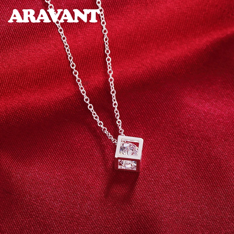 

Classic Hollow Square Clear CZ Pendant For Women 925 Silver Simple Necklace Chains