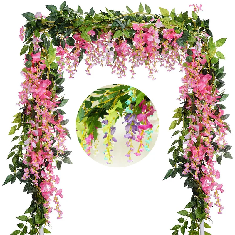 2M Wisteria Sztuczne Kwiaty Winorośli Girlanda Sztuczne Rośliny Liście Rattanowe Sztuczne Kwiaty Bluszcz Ściana Dekoracja Łuku Ślubnego