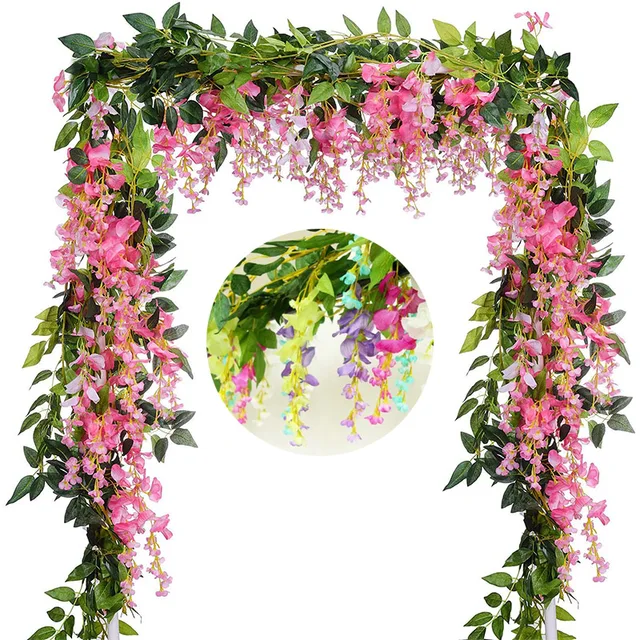 2M Wisteria Sztuczne Kwiaty Winorośli Girlanda Sztuczne Rośliny Liście Rattanowe Sztuczne Kwiaty Bluszcz Ściana Dekoracja Łuku Ślubnego