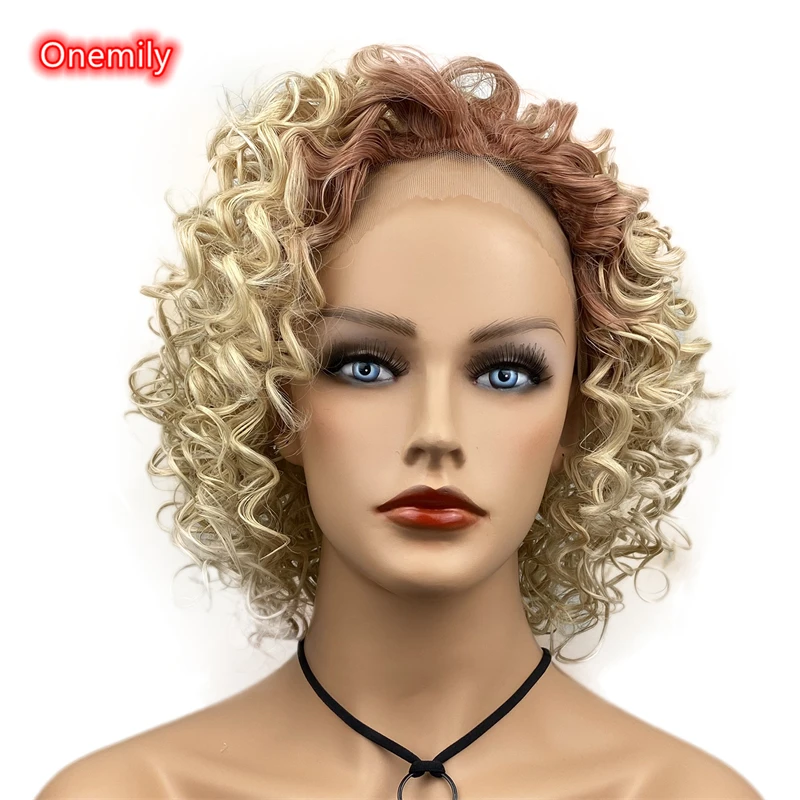 

Onemily Lace Front Ombre Blonde Medium Length Curly Women's Synthetic Wigs for Daily Cosplay Party